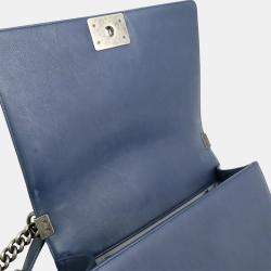Pre Owned Chanel Boy Chanel Navy Calfskin Leather Matelassé Coco Mark Wild Stitch Chain Shoulder Bag