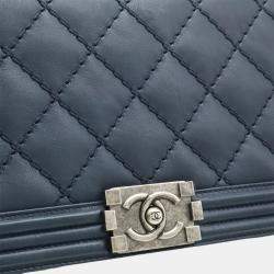 Pre Owned Chanel Boy Chanel Navy Calfskin Leather Matelassé Coco Mark Wild Stitch Chain Shoulder Bag