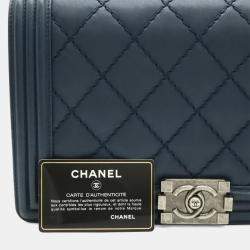 Pre Owned Chanel Boy Chanel Navy Calfskin Leather Matelassé Coco Mark Wild Stitch Chain Shoulder Bag