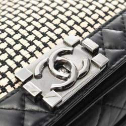 Pre Owned Chanel Boy Chanel Shoulder Bag Lambskin Leather Black And Beige