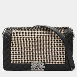 Pre Owned Chanel Boy Chanel Shoulder Bag Lambskin Leather Black And Beige