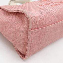 Pre Owned Chanel Deauville Tote Gm Bag Chain Shoulder Canvas Leather Pink White