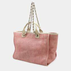 Pre Owned Chanel Deauville Tote Gm Bag Chain Shoulder Canvas Leather Pink White