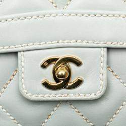 Pre Owned Chanel Matelasse Wild Stitch Coco Mark Handbag Blue Lambskin