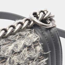Pre Owned Chanel Grey Old Medium Braided Tweed and Calfskin Boy Flap