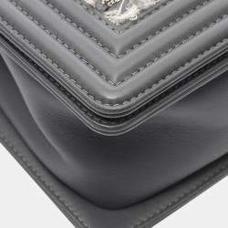 Pre Owned Chanel Grey Old Medium Braided Tweed and Calfskin Boy Flap
