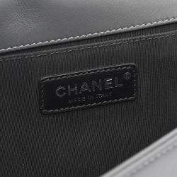 Pre Owned Chanel Grey Old Medium Braided Tweed and Calfskin Boy Flap