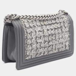 Pre Owned Chanel Grey Old Medium Braided Tweed and Calfskin Boy Flap