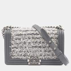 Pre Owned Chanel Grey Old Medium Braided Tweed and Calfskin Boy Flap