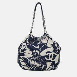 Pre Owned Chanel 2021 Coco Beach Blue/White Canvas Tote Bag