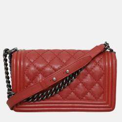 Pre Owned Chanel Boy Old Medium Wild Stitch Red Calfskin Leather Shoulder Bag