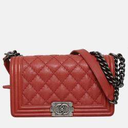 Pre Owned Chanel Boy Old Medium Wild Stitch Red Calfskin Leather Shoulder Bag