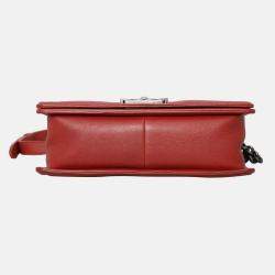 Pre Owned Chanel Boy Old Medium Wild Stitch Red Calfskin Leather Shoulder Bag
