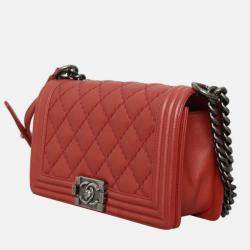Pre Owned Chanel Boy Old Medium Wild Stitch Red Calfskin Leather Shoulder Bag