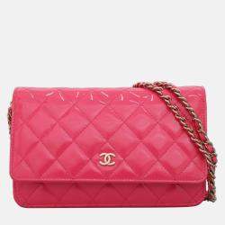 Pre Owned Chanel Pink Patent Wallet On Chain