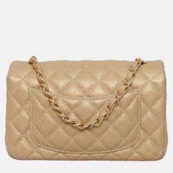 Pre Owned Chanel Rectangle Flap Mini Iridescent Gold Caviar Classic Bag