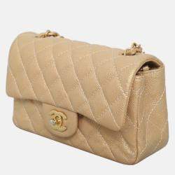 Pre Owned Chanel Rectangle Flap Mini Iridescent Gold Caviar Classic Bag