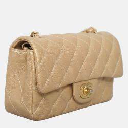 Pre Owned Chanel Rectangle Flap Mini Iridescent Gold Caviar Classic Bag