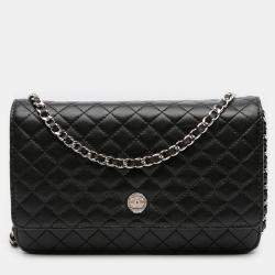 Pre Owned Chanel Black Microquilted Lambskin Wallet On Chain