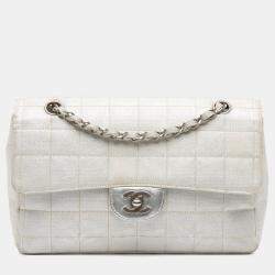 Pre Owned Chanel Silver New Travel Line Medium Metallic Nylon Single Flap