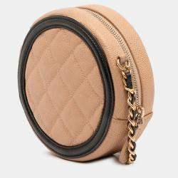 Pre Owned Chanel Beige Black Caviar CC Filigree Round Crossbody Bag