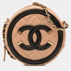 Pre Owned Chanel Beige Black Caviar CC Filigree Round Crossbody Bag