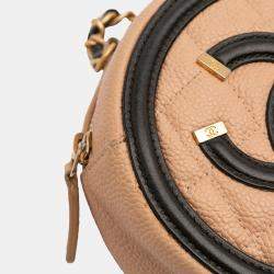 Pre Owned Chanel Beige Black Caviar CC Filigree Round Crossbody Bag