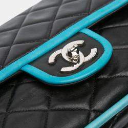 Pre Owned Chanel Black Blue Medium Classic Bicolor Quilted Lambskin Double Flap