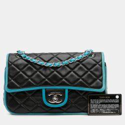 Pre Owned Chanel Black Blue Medium Classic Bicolor Quilted Lambskin Double Flap