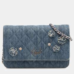 Pre Owned Chanel Blue Quilted Denim Camellia Wallet On Chain Denim