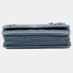 Pre Owned Chanel Blue Quilted Denim Camellia Wallet On Chain Denim