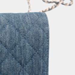 Pre Owned Chanel Blue Quilted Denim Camellia Wallet On Chain Denim