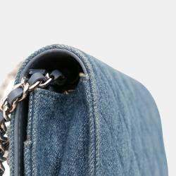 Pre Owned Chanel Blue Quilted Denim Camellia Wallet On Chain Denim
