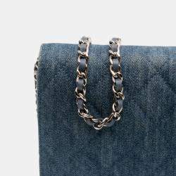 Pre Owned Chanel Blue Quilted Denim Camellia Wallet On Chain Denim