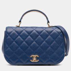 Pre Owned Chanel Navy Blue Small Quilted Caviar Carry Around Flap