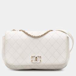 Pre Owned Chanel White Medium Stitched Calfskin Covered CC Flap