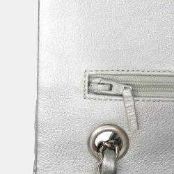 Pre Owned Chanel Silver Medium Classic Perforated Lambskin Double Flap