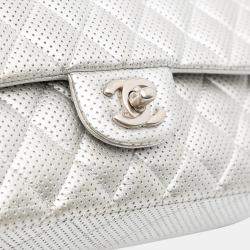 Pre Owned Chanel Silver Medium Classic Perforated Lambskin Double Flap