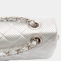 Pre Owned Chanel Silver Medium Classic Perforated Lambskin Double Flap
