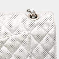 Pre Owned Chanel Silver Medium Classic Perforated Lambskin Double Flap