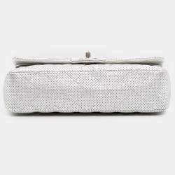 Pre Owned Chanel Silver Medium Classic Perforated Lambskin Double Flap