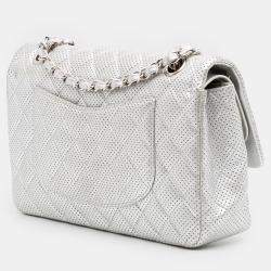 Pre Owned Chanel Silver Medium Classic Perforated Lambskin Double Flap