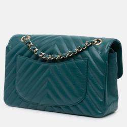 Pre Owned Chanel Classic Small Blue Tone Chevron Caviar Leather Double Flap Bag
