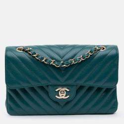 Pre Owned Chanel Classic Small Blue Tone Chevron Caviar Leather Double Flap Bag