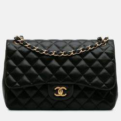 Pre Owned Chanel Classic Double Flap Jumbo Black Lambskin Shoulder Bag