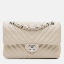 Pre Owned Chanel Classic Double Flap Small White Chevron Lambskin Shoulder Bag