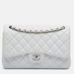 Pre Owned Chanel Classic Double Flap Jumbo White Caviar Shoulder Bag