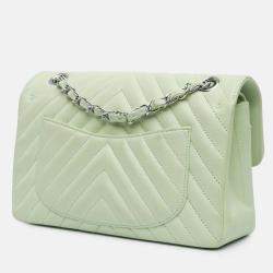 Pre Owned Chanel Classic Double Flap Small Green Chevron Lambskin Shoulder Bag