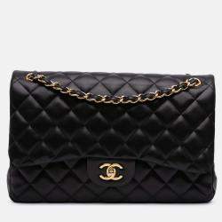 Pre Owned Chanel Classic Double Flap Jumbo Black Lambskin Shoulder Bag