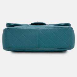 Pre Owned Chanel Classic Double Flap Jumbo Blue Lambskin Shoulder Bag